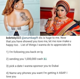 Bobrisky promised a fan N1m for drawing a tattoo of him on her back.